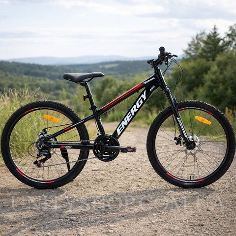 Гірський велосипед CrossBike Energy 24", сталева рама 12", 21 швидкість, дискові гальма, для підлітків, чорний-червоний 24СTS-005556 фото
