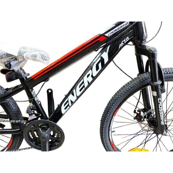 Гірський велосипед CrossBike Energy 24", сталева рама 12", 21 швидкість, дискові гальма, для підлітків, чорний-червоний 24СTS-005556 фото