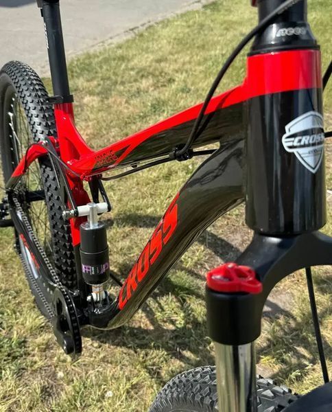 Гірський велосипед CROSS Apache 29", алюмінієва рама 18", 7 швидкостей, двопідвіс, дискові гальма, чорний-червоний 293CJA-005038 фото