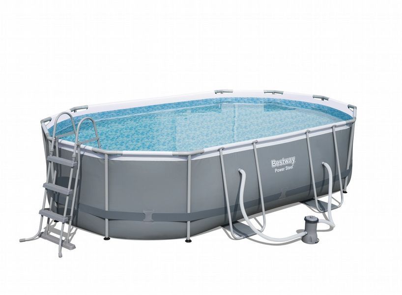 Каркасний овальний басейн Bestway Power Steel 56448 488&times;305&times;107 см з фільтром, тентом, сходами, для сімʼї, ПВХ 56448 фото